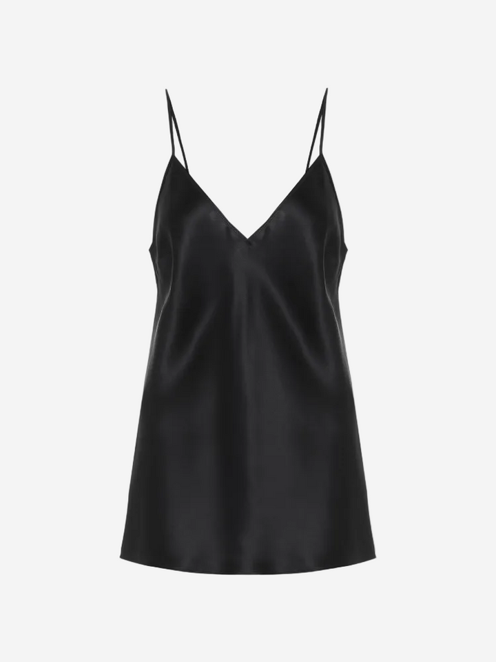 A black silk satin camisole with a V-neck and adjustable straps.