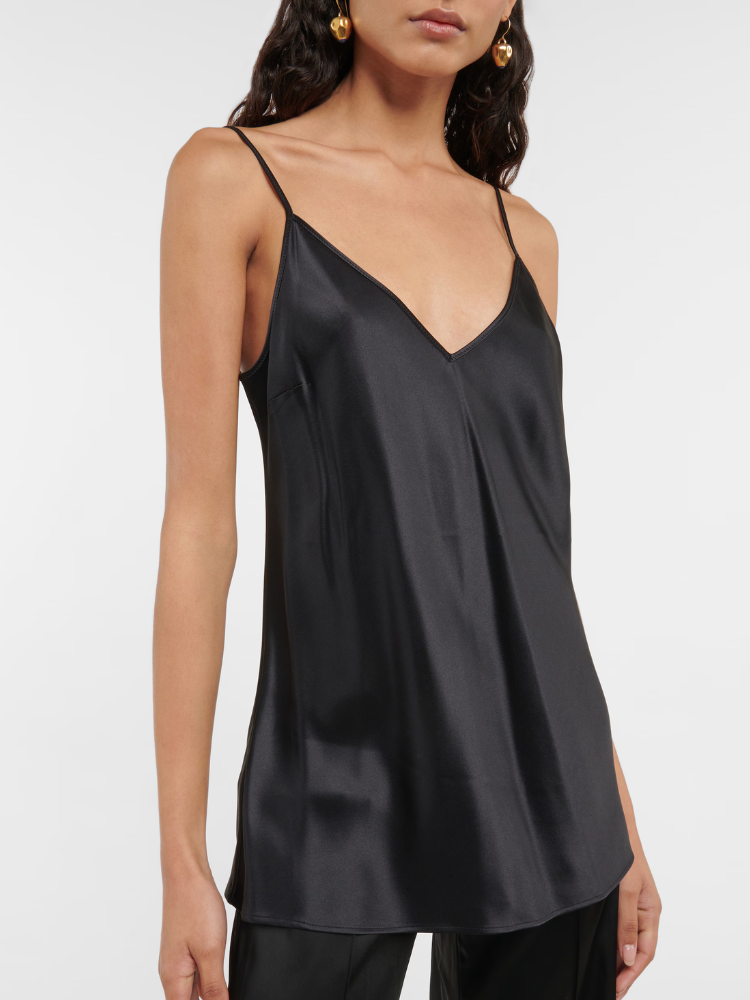 A black silk satin camisole with a V-neck and adjustable straps.