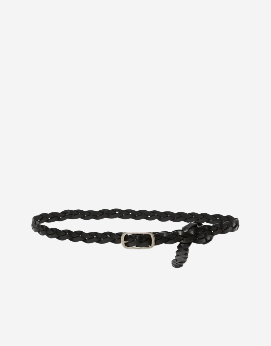 Black braided leather belt on a white background