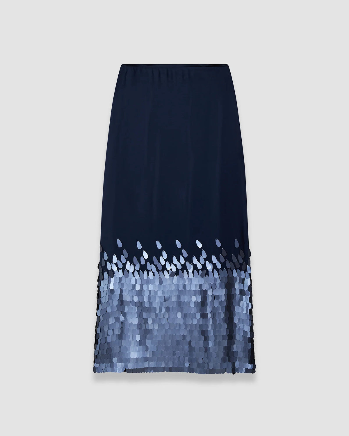 JOSEPH Connie A-line chiffon midi skirt in navy with matte sequin hem, product shot