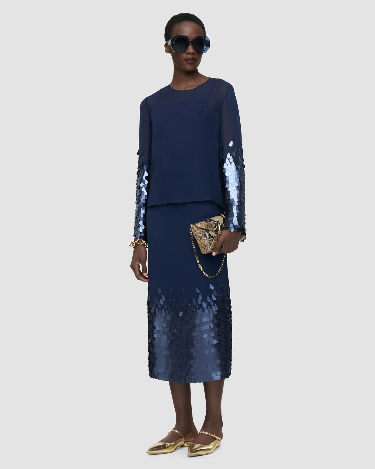 JOSEPH Connie sequin midi skirt in Prussian blue, styled with the JOSEPH Ariane blouse at Christensen Copenhagen Sydney
