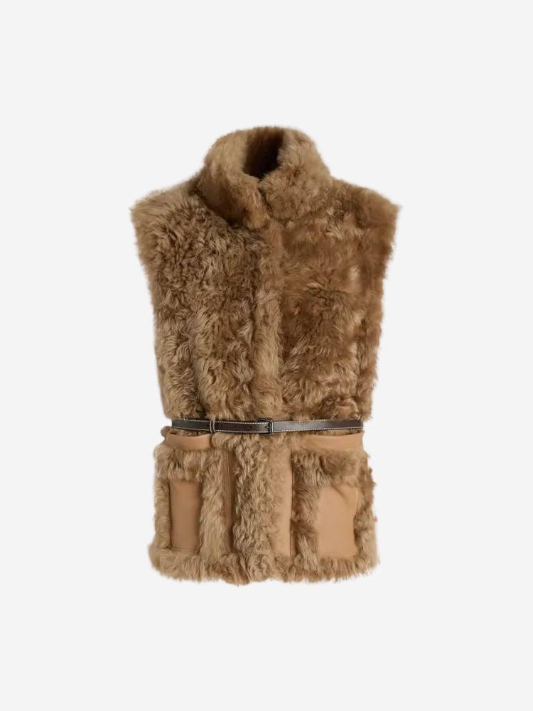 Brown fur vest with a belt on a white background