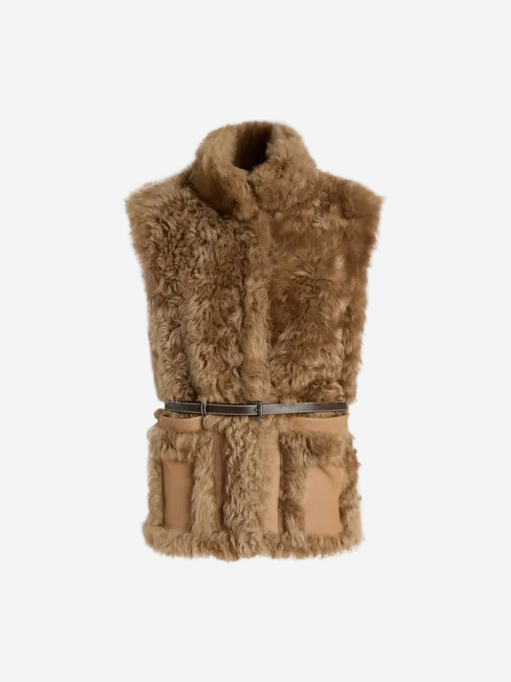 Brown fur vest with a belt on a white background