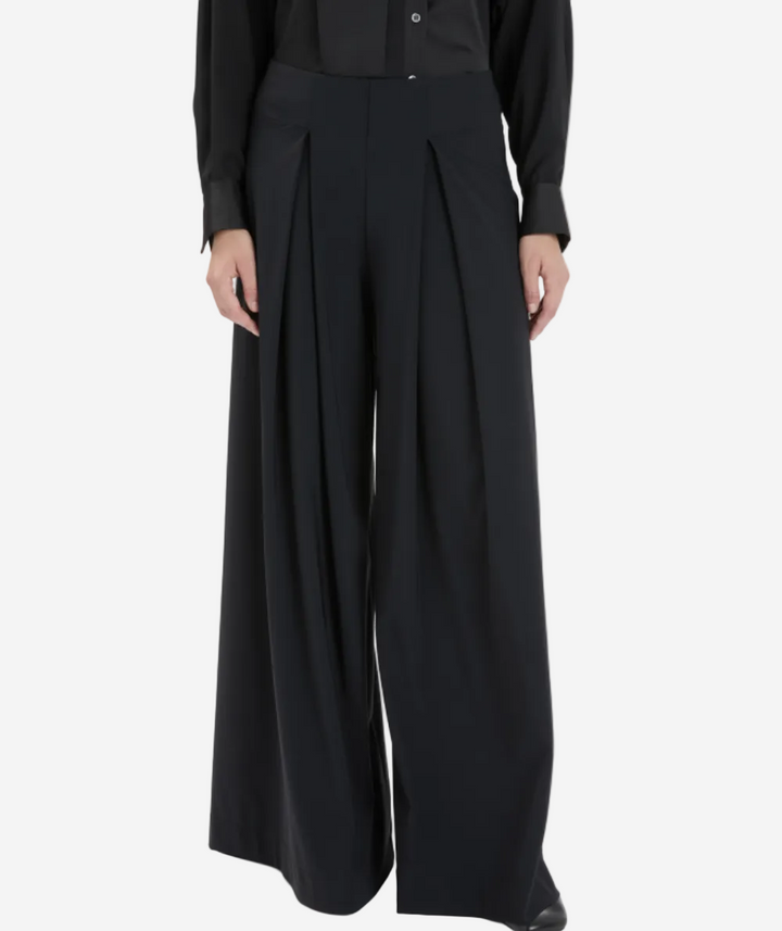 Person wearing a black outfit with wide-leg pants on a white background