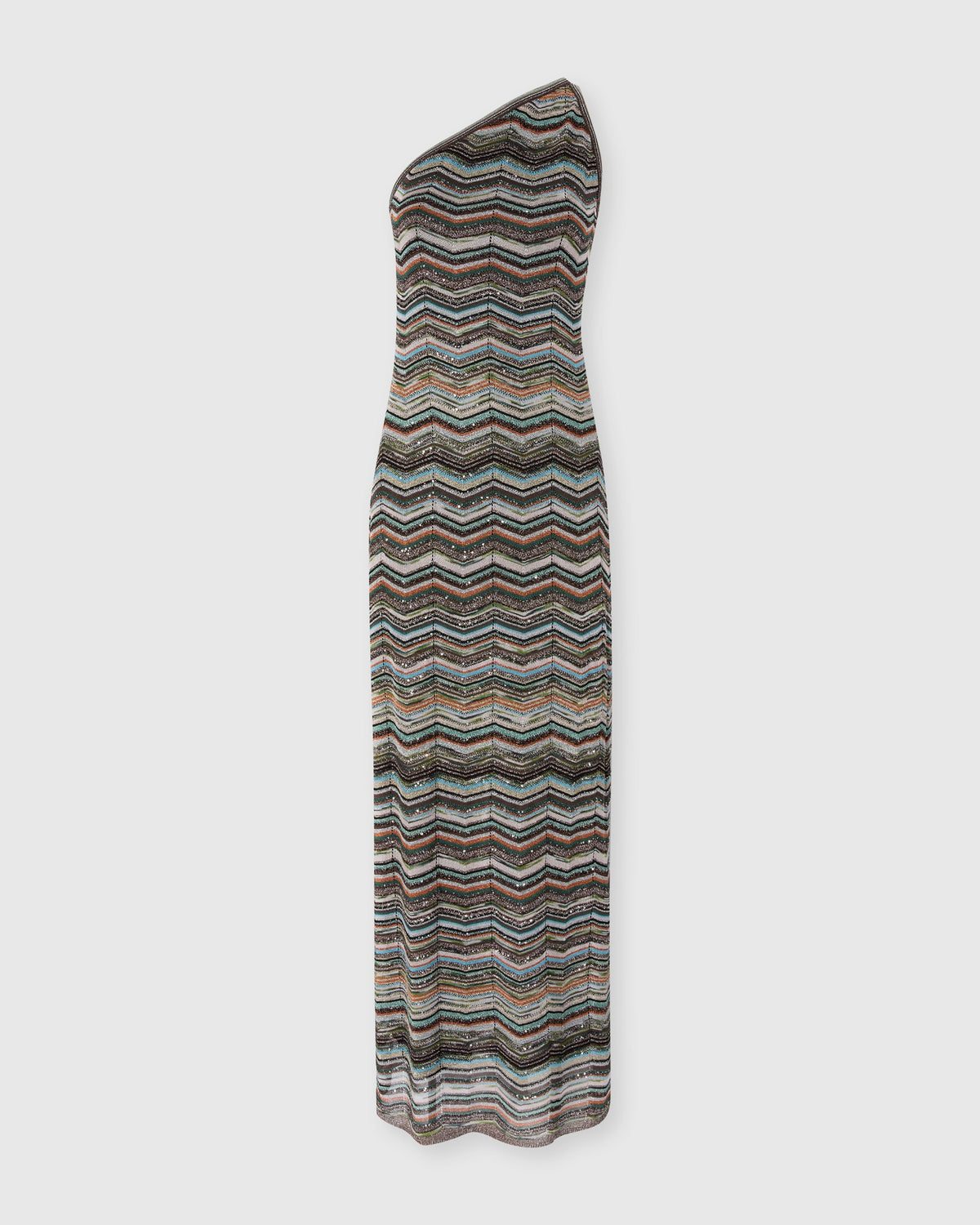Missoni long chevron knit dress with one-shoulder strap in teal, rust and grey stripes, product shot