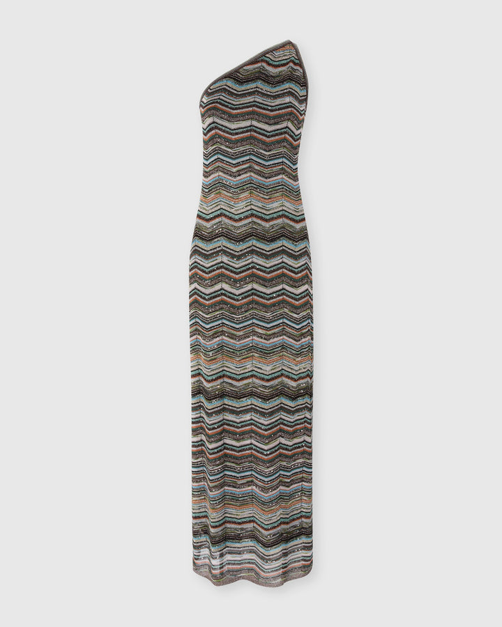 Missoni long chevron knit dress with one-shoulder strap in teal, rust and grey stripes, product shot