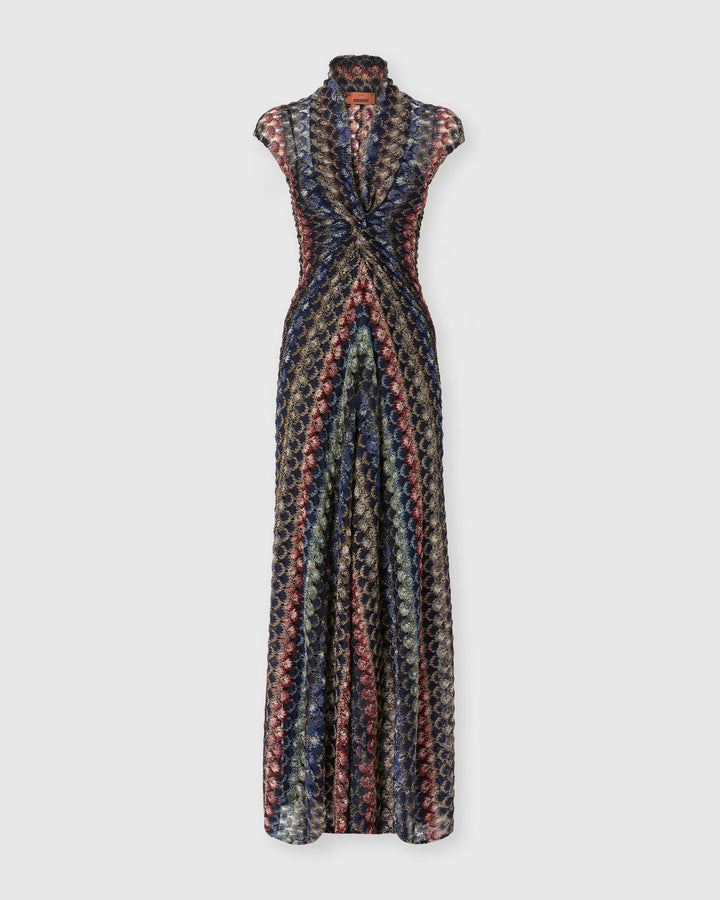 Missoni long lace knot dress in multicolour dark lamé with cap sleeves and V-neck, product shot