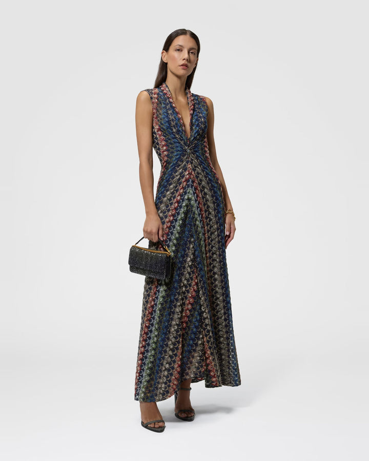 Missoni floor-length lamé lace dress in dark multicolour with plunging knot front, worn at Christensen Copenhagen Sydney