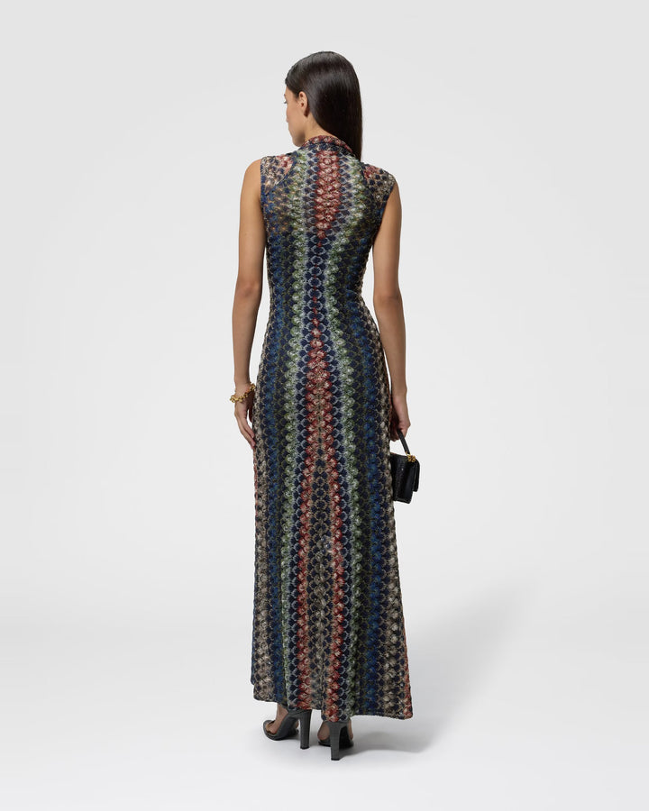 Missoni long lace knot dress in multicolour dark lamé with cap sleeves and V-neck, product shot
