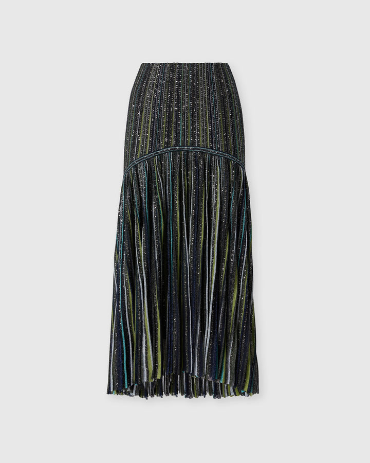 Missoni long knit skirt in green tone stripes with sequins and flared pleated hem at Christensen Copenhagen Sydney