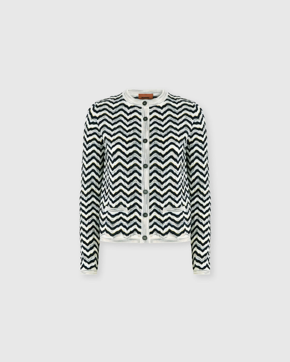 Missoni wave motif wool and viscose cardigan in navy and white with crew neck and patch pockets, product shot
