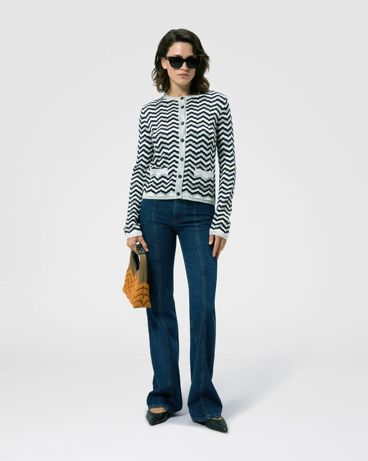 Missoni zigzag wave cardigan in navy and white, styled with flared jeans at Christensen Copenhagen Sydney