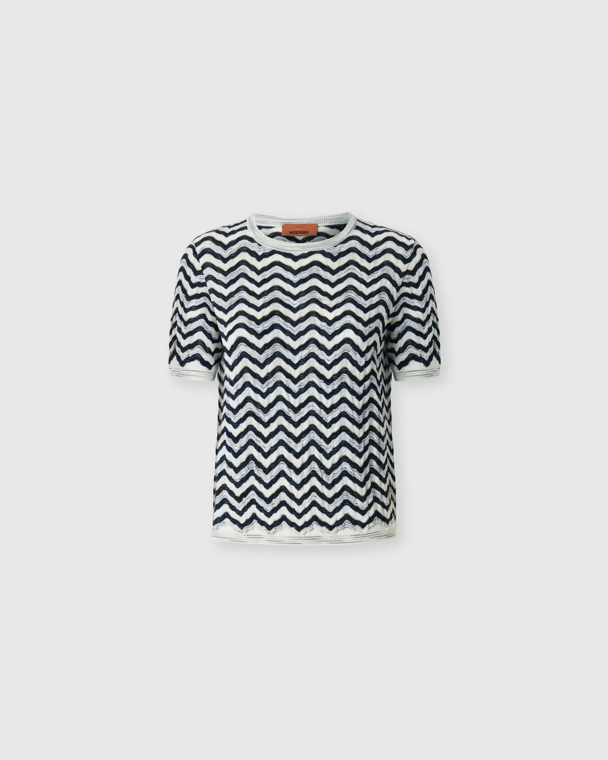 Missoni short-sleeve wool and viscose crew neck top in navy and white zigzag knit, product shot