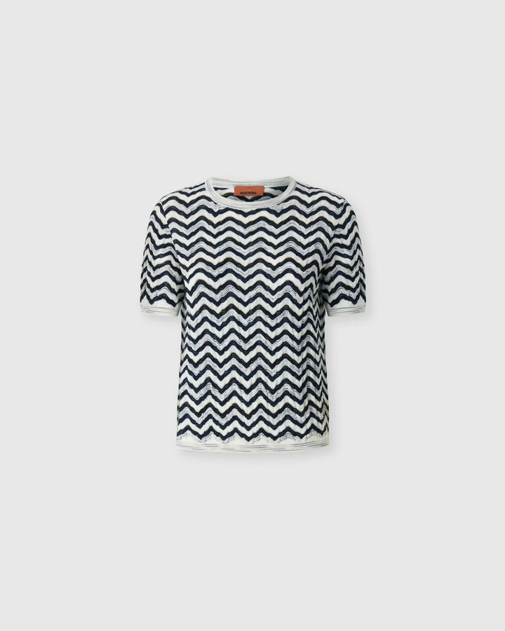 Missoni short-sleeve wool and viscose crew neck top in navy and white zigzag knit, product shot