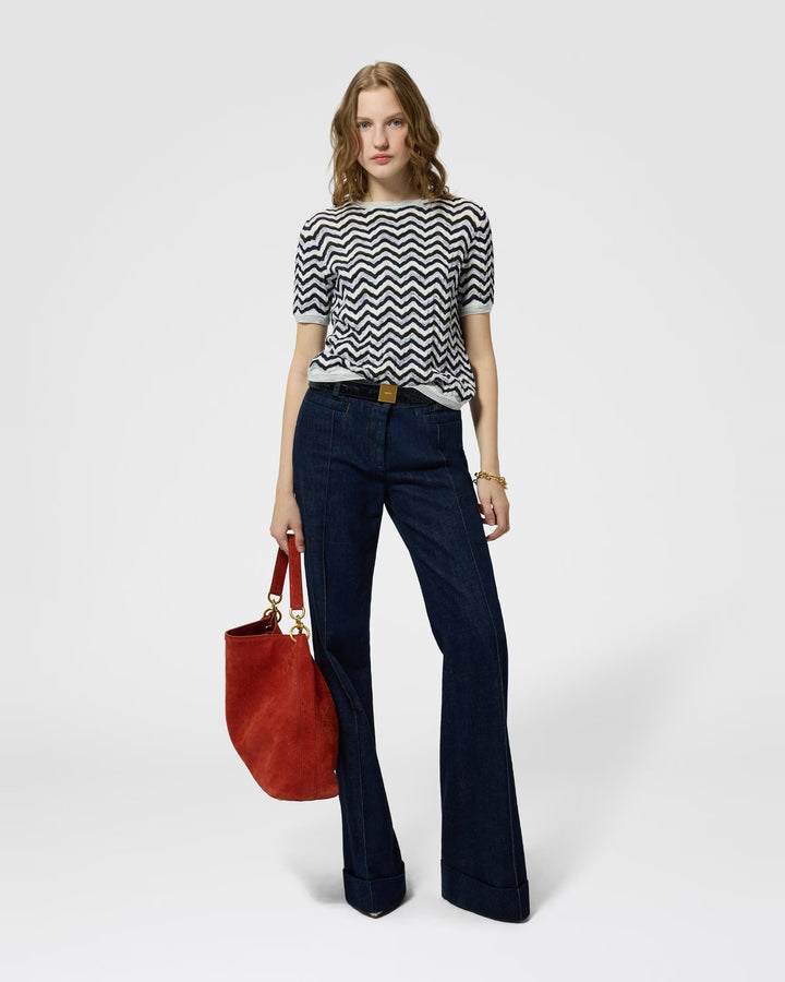 Missoni zigzag wave knit top in navy and white, styled with dark flared jeans at Christensen Copenhagen Sydney