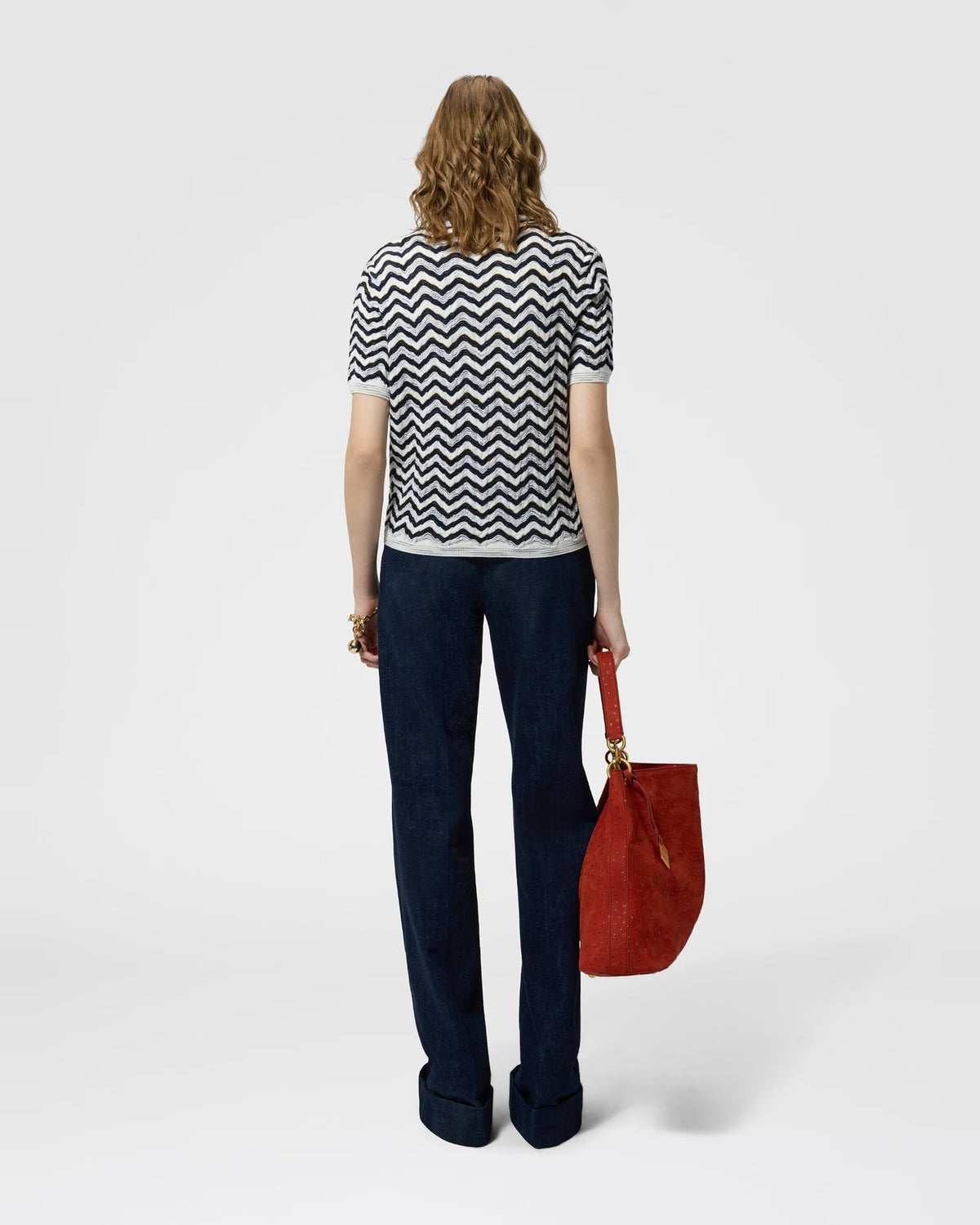Back view of the Missoni wave motif short-sleeve knit top in navy and white