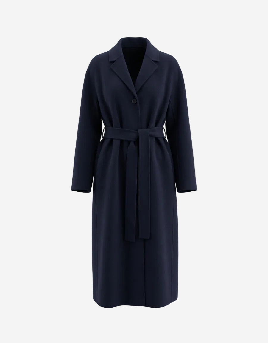 Navy blue coat with a belt on a white background