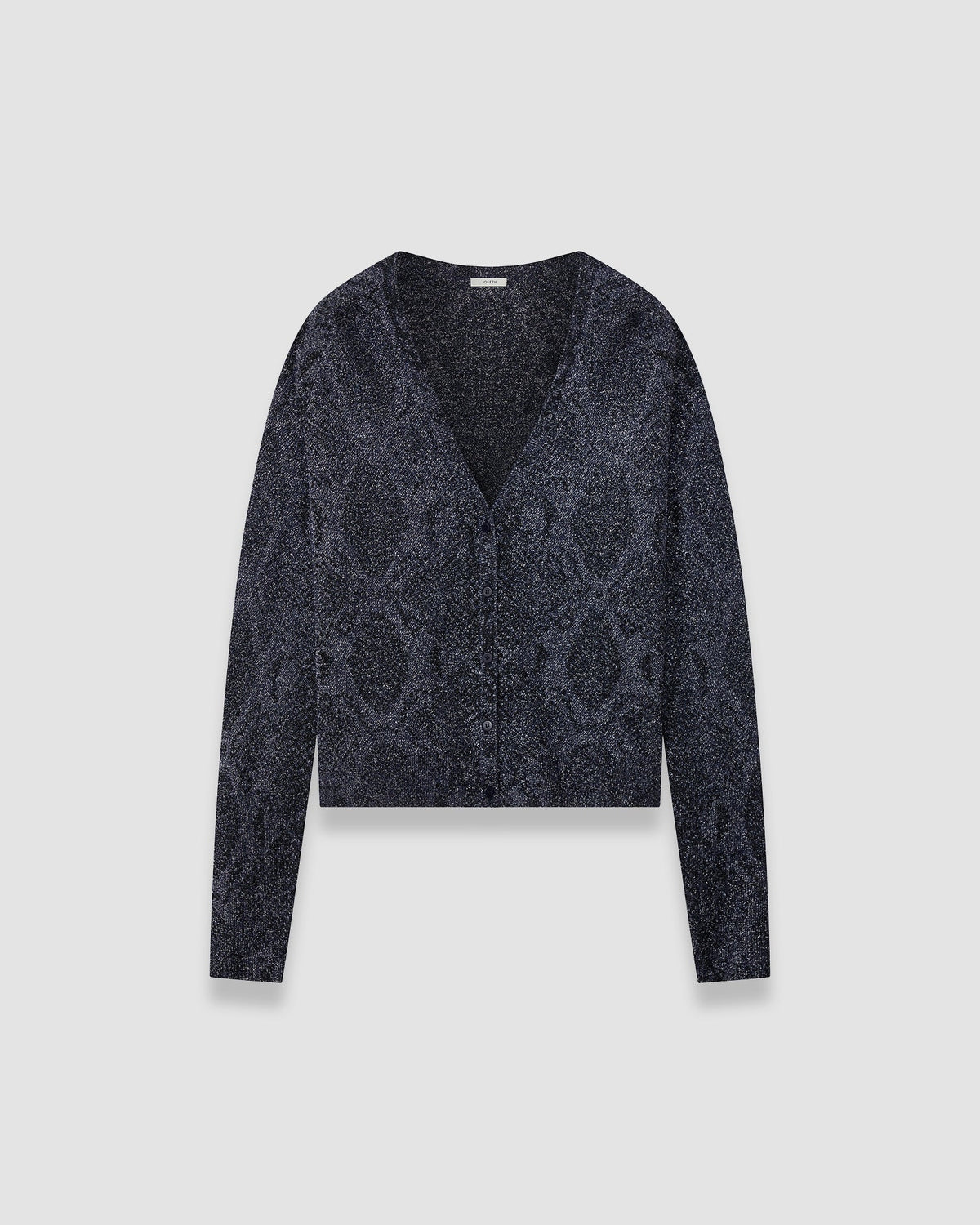 JOSEPH Doris metallic snake jacquard cardigan in Prussian blue with V-neck and button front at Christensen Copenhagen Sydney