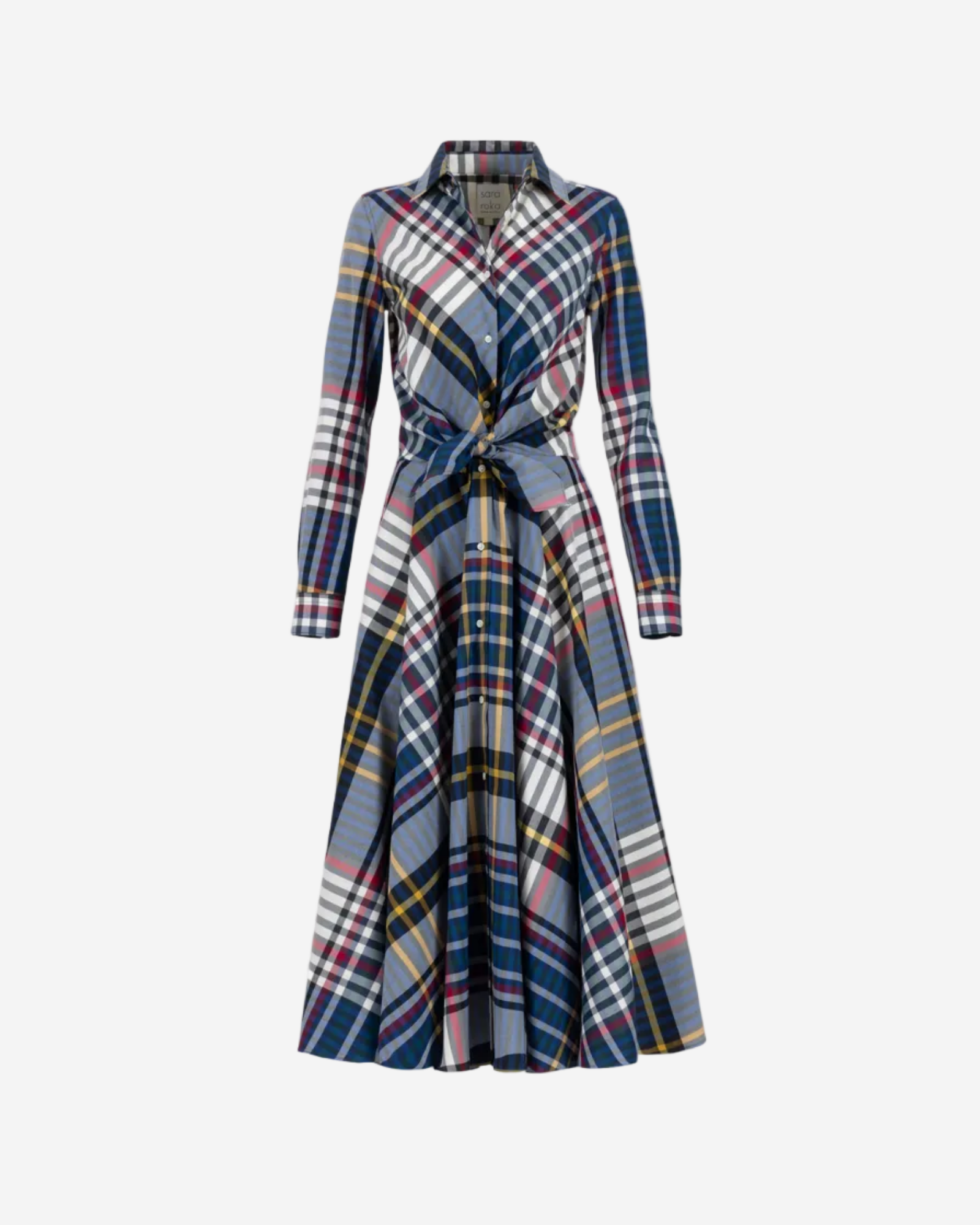 Long sleeved check shirt dress with tie at waist 