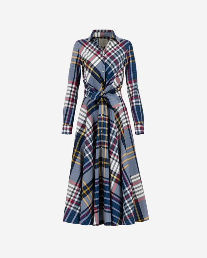 Long sleeved check shirt dress with tie at waist 