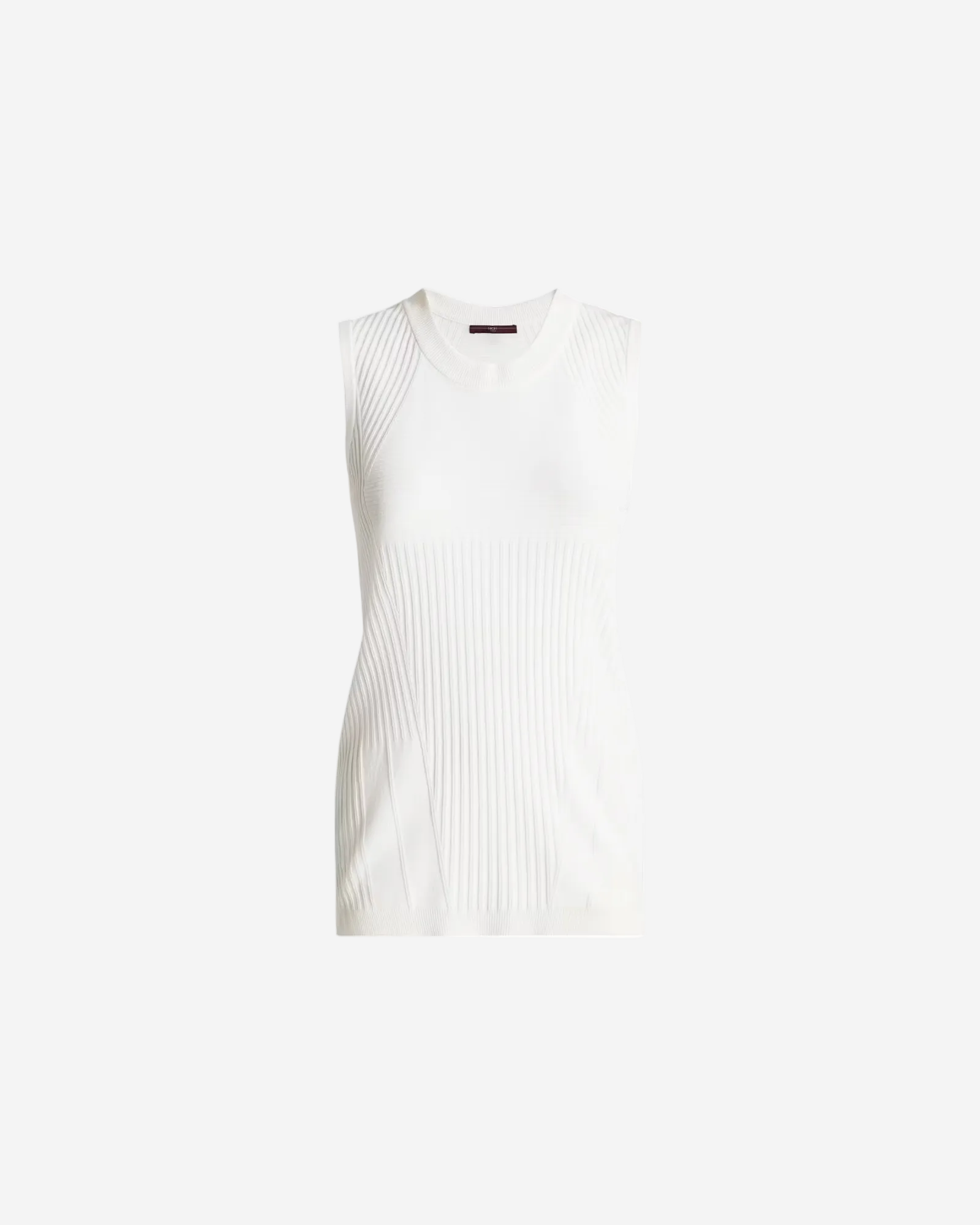 White sleeveless ribbed knit top on a white background