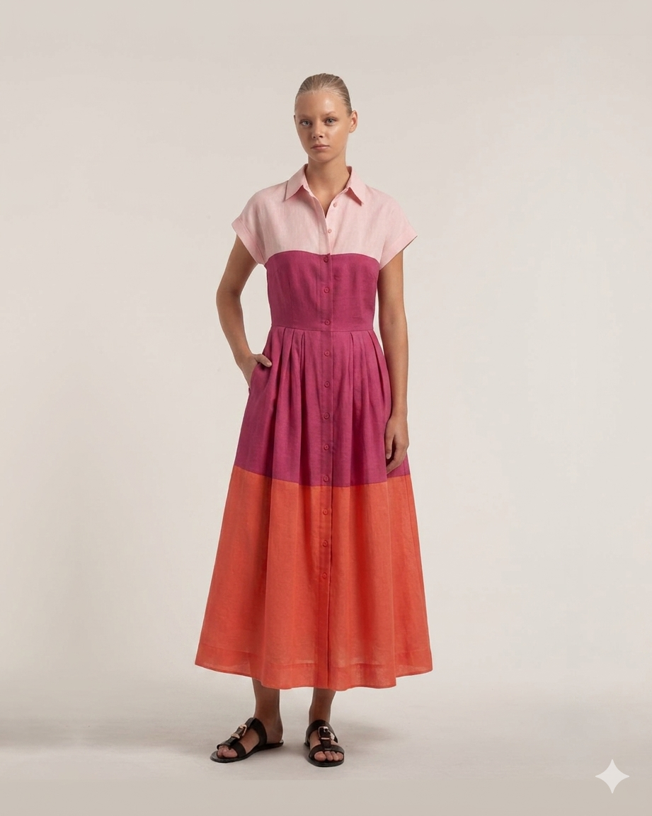 Woman wearing a two-tone dress with pink top and red skirt on a plain background