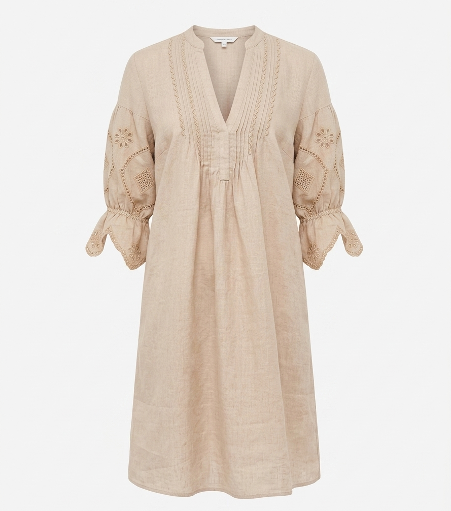 Embroided 3/4 Gathered Sleeve Short Dress  ECRU