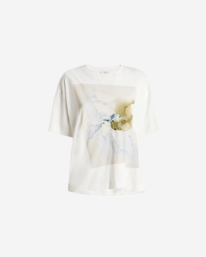 White t-shirt with floral design on a white background