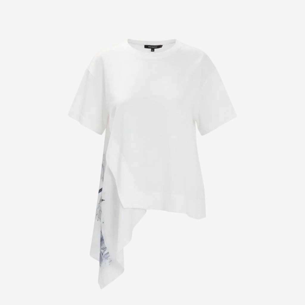 White t-shirt with a small floral pattern on a white background