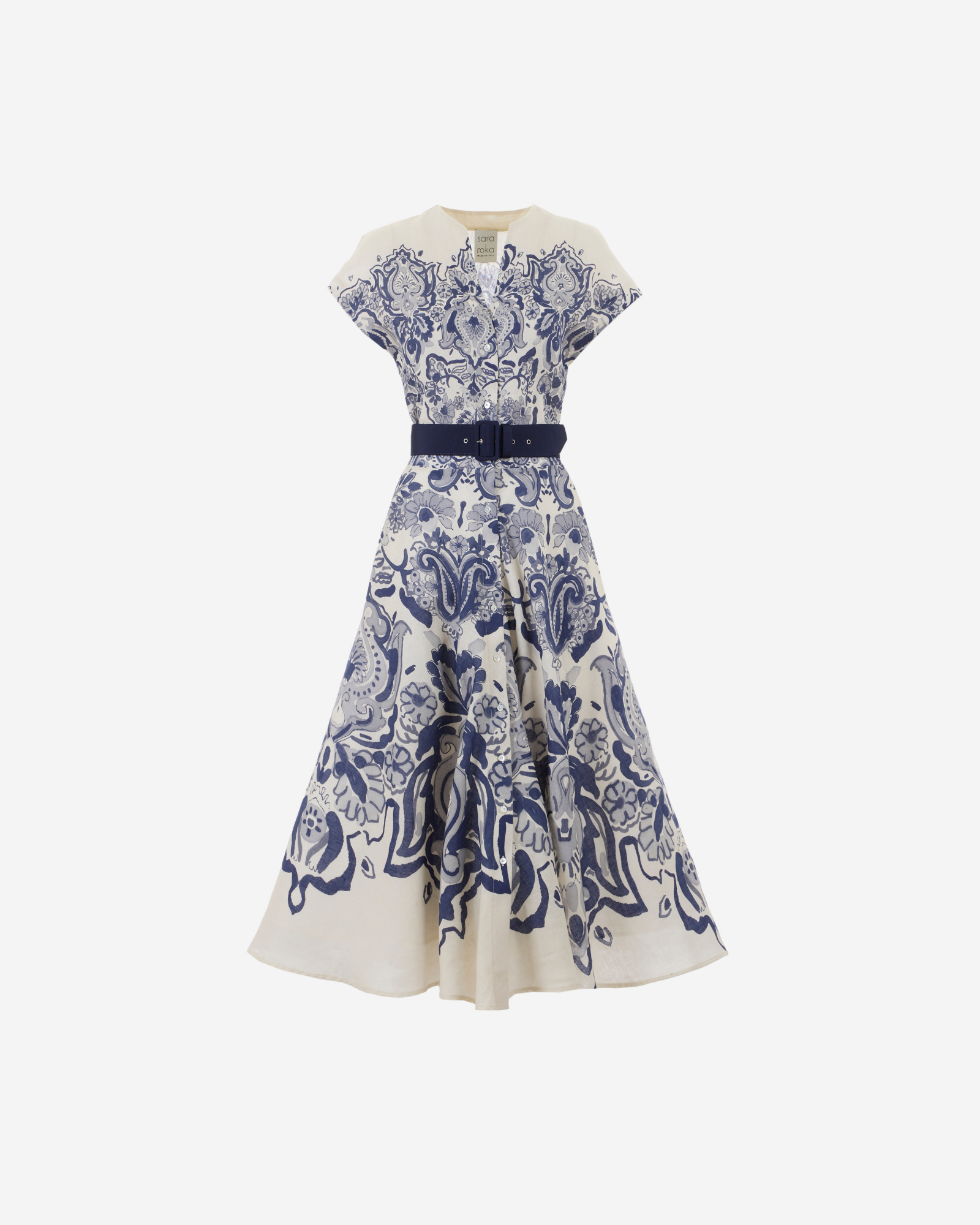 White dress with blue floral pattern on a white background