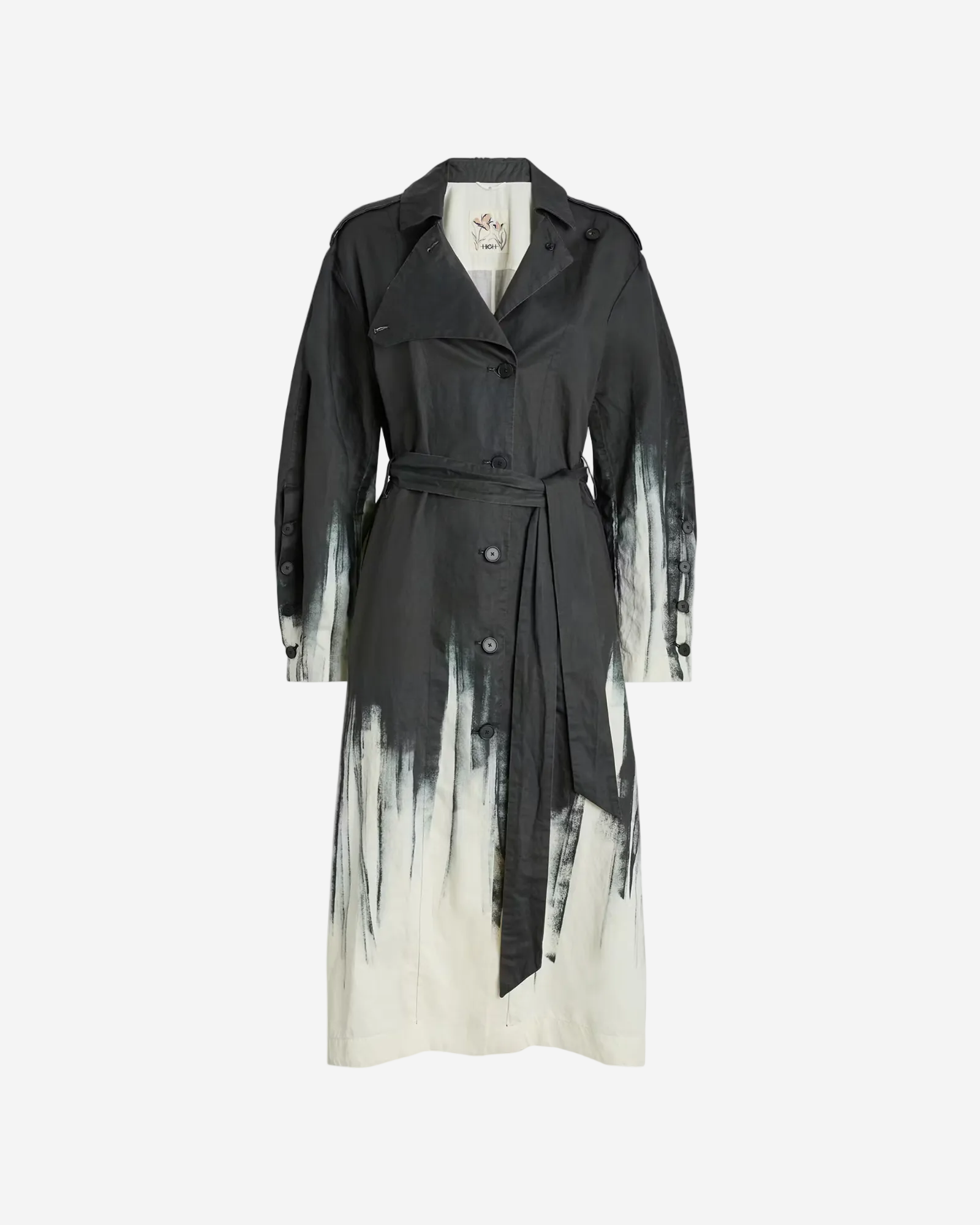 Black and white gradient trench coat on a white background