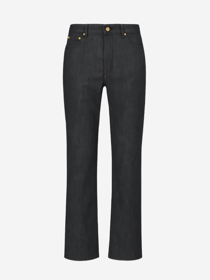 Black jeans with gold buttons on a white background