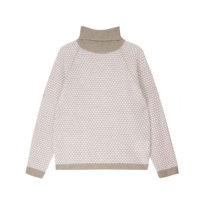 Honeycomb Cashmere Roll Neck in Light Brown/Cream