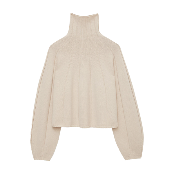 Short Soft Wool High Neck Sweater in Parchment