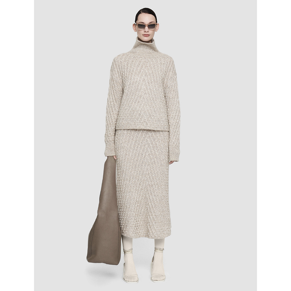 Fuzzy Cable High Neck Sweater in Light Khaki