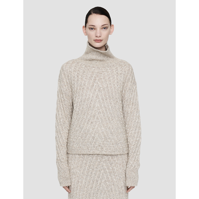 Fuzzy Cable High Neck Sweater in Light Khaki