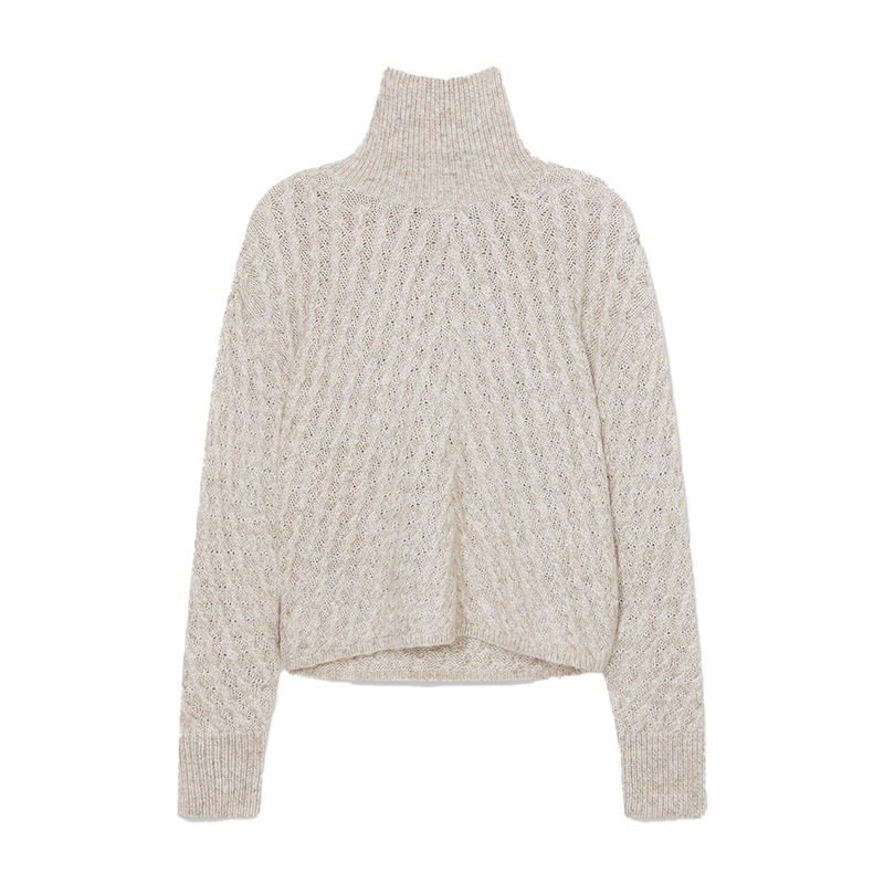 Fuzzy Cable High Neck Sweater in Light Khaki
