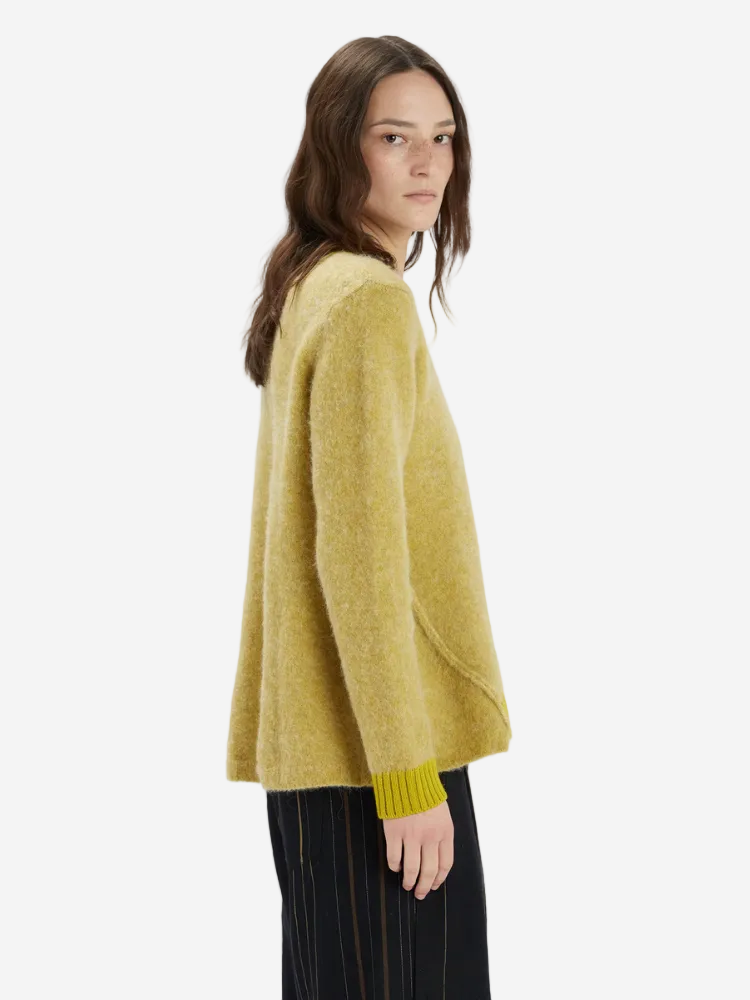 Woman wearing a mustard yellow sweater on a white background