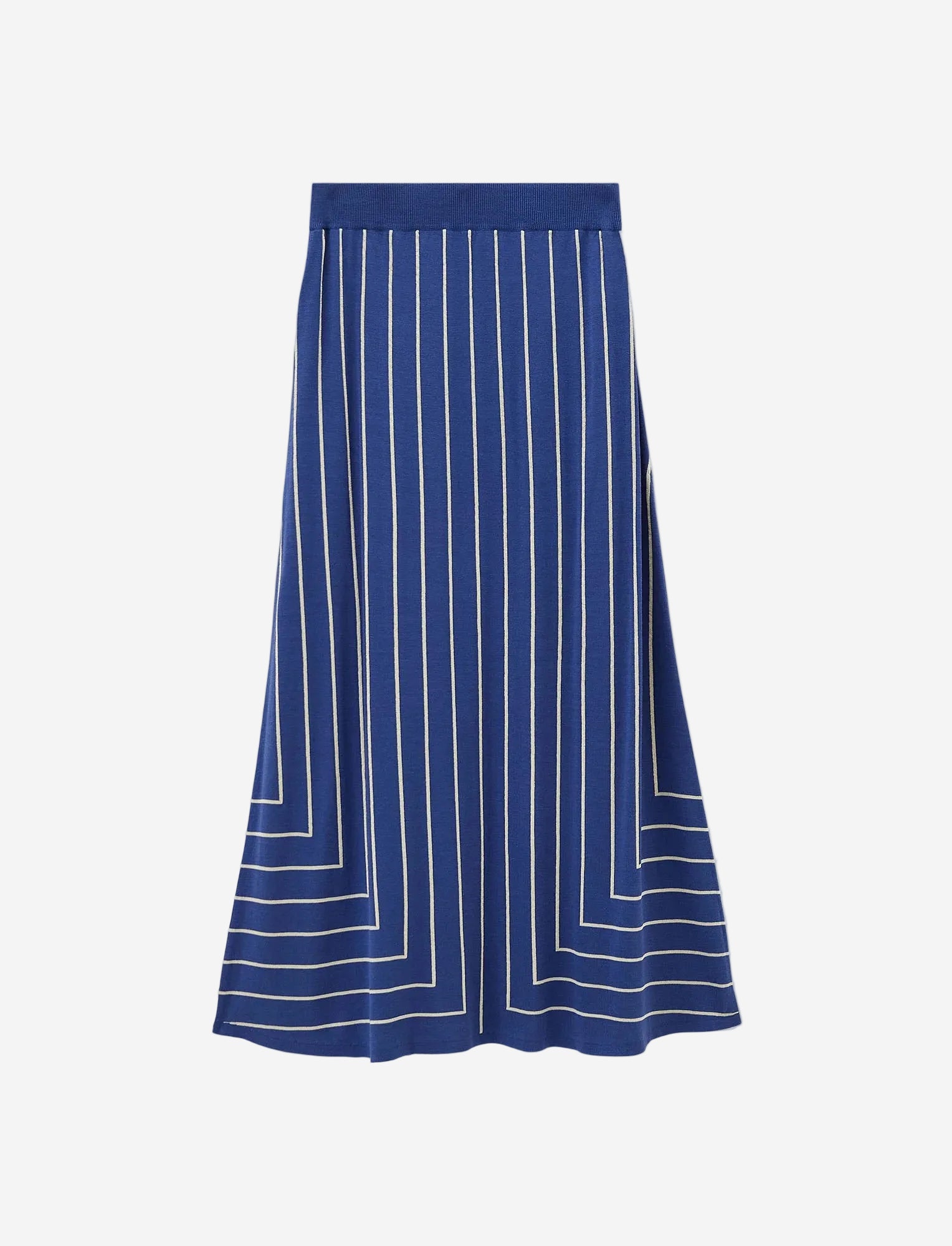 Blue and white striped skirt on a light gray background