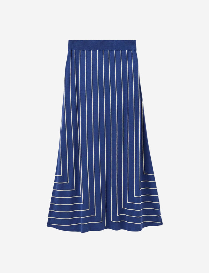 Blue and white striped skirt on a light gray background