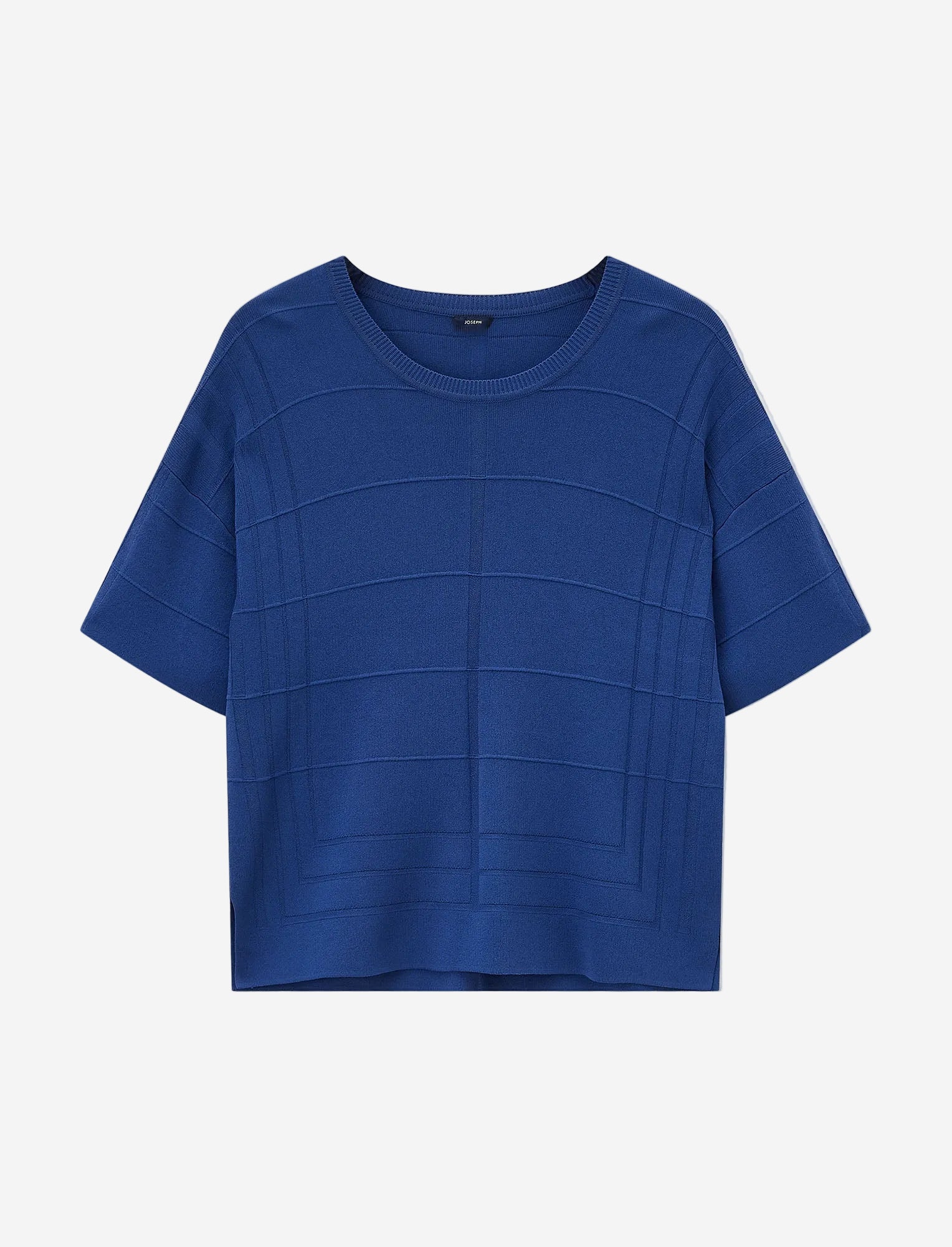 Blue short-sleeve top on a light gray background