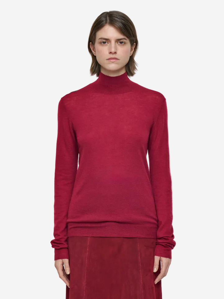 Person wearing a red turtleneck sweater on a white background