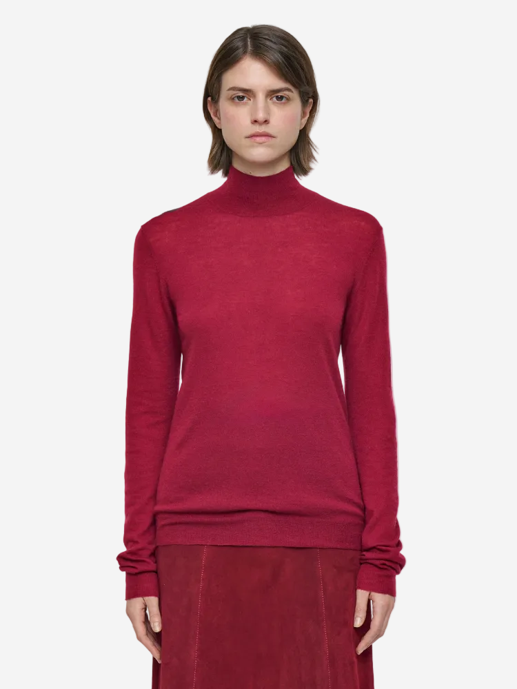Person wearing a red turtleneck sweater on a white background