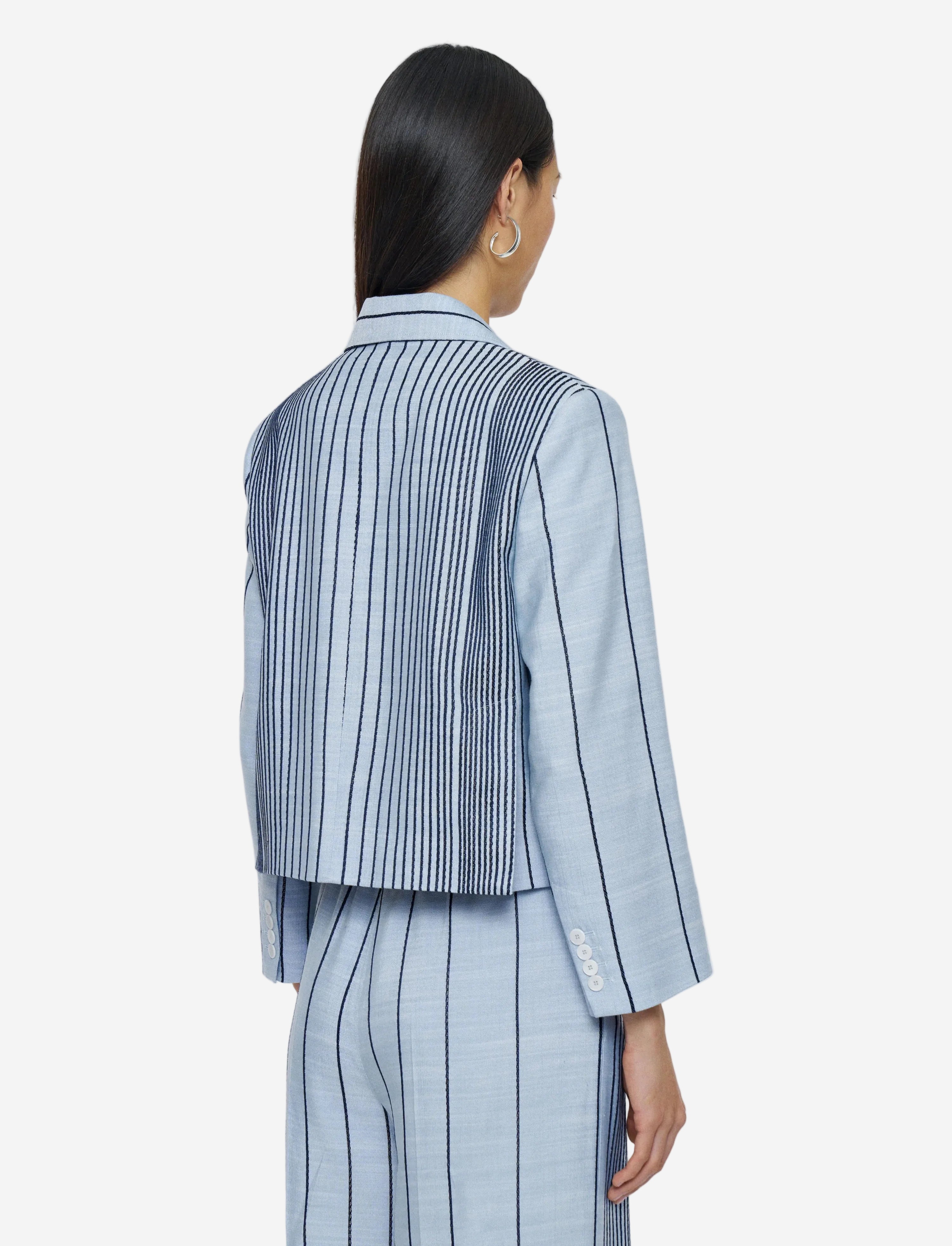 Person wearing a blue pinstripe suit on a light gray background