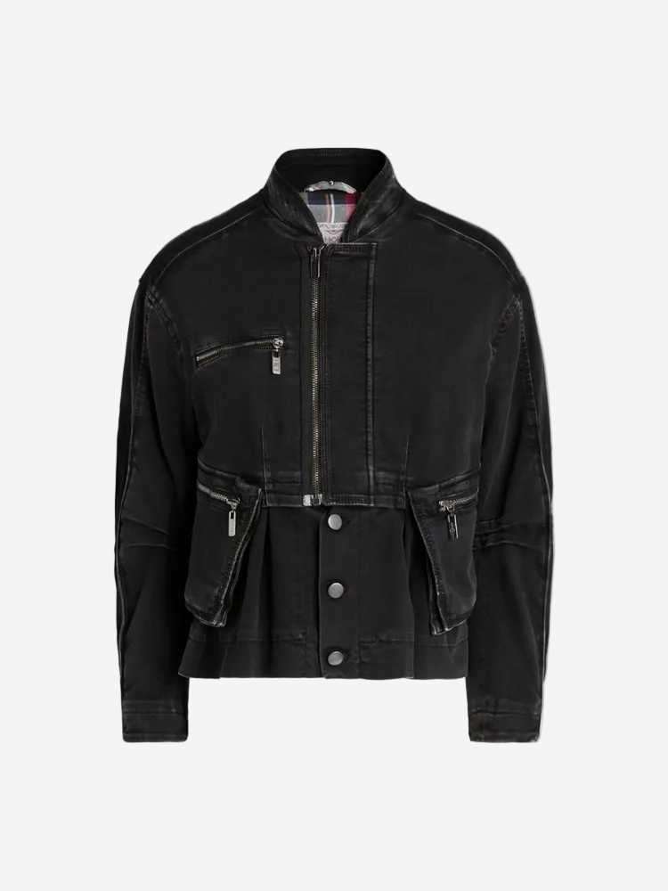 Black jacket with zippers and buttons on a white background