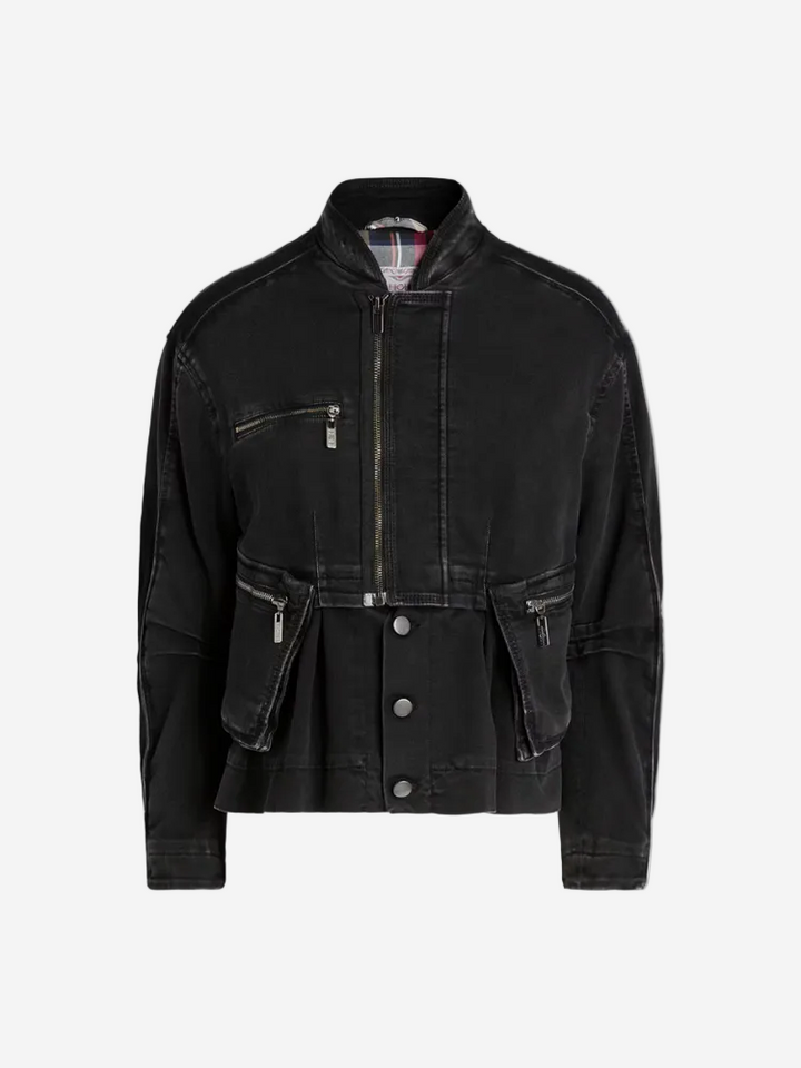 Black jacket with zippers and buttons on a white background