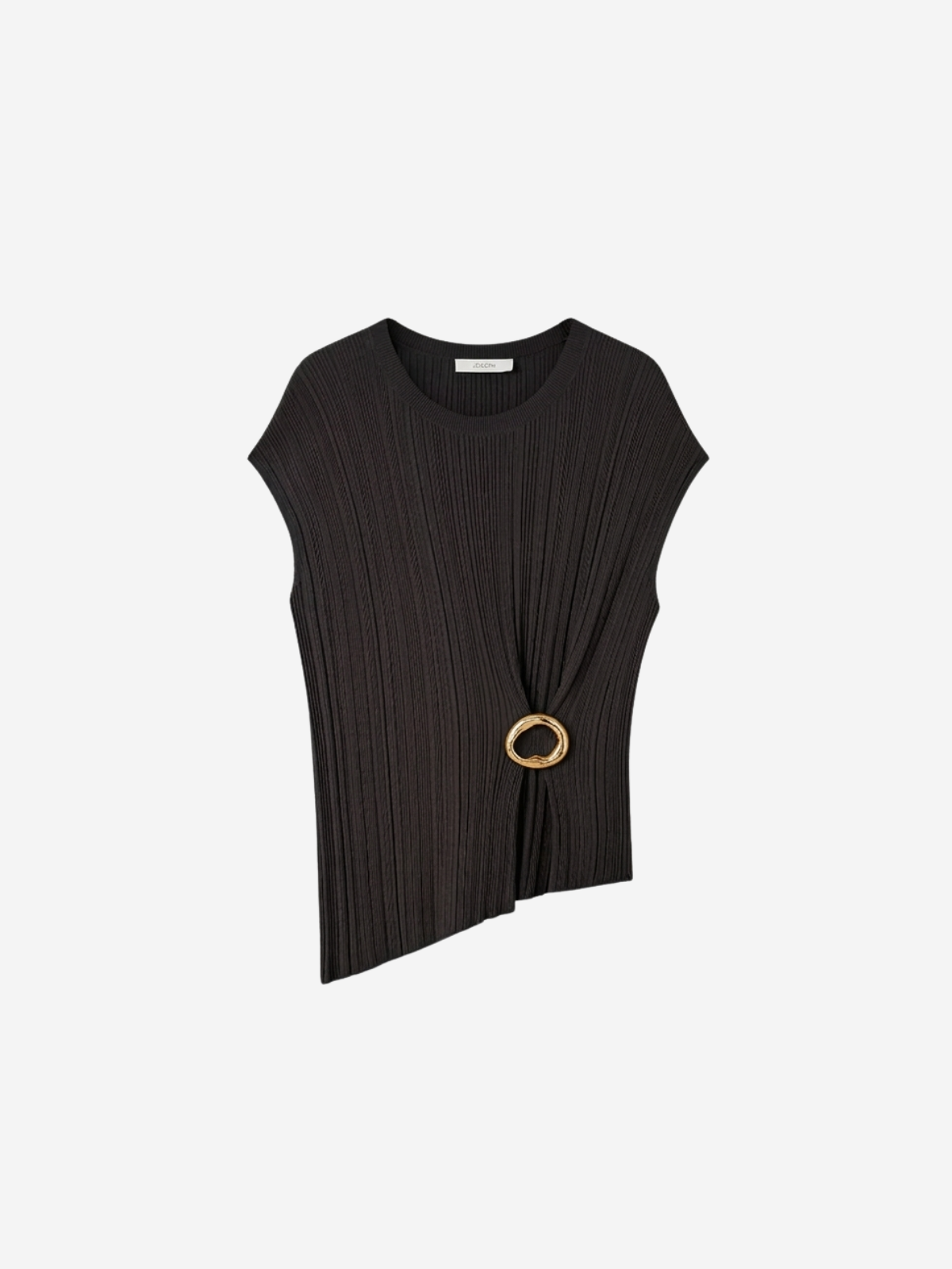 Black sleeveless top with a gold belt on a white background