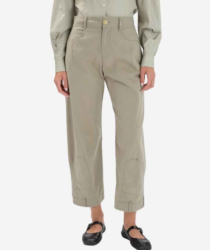Person wearing beige pants and a light green shirt on a white background