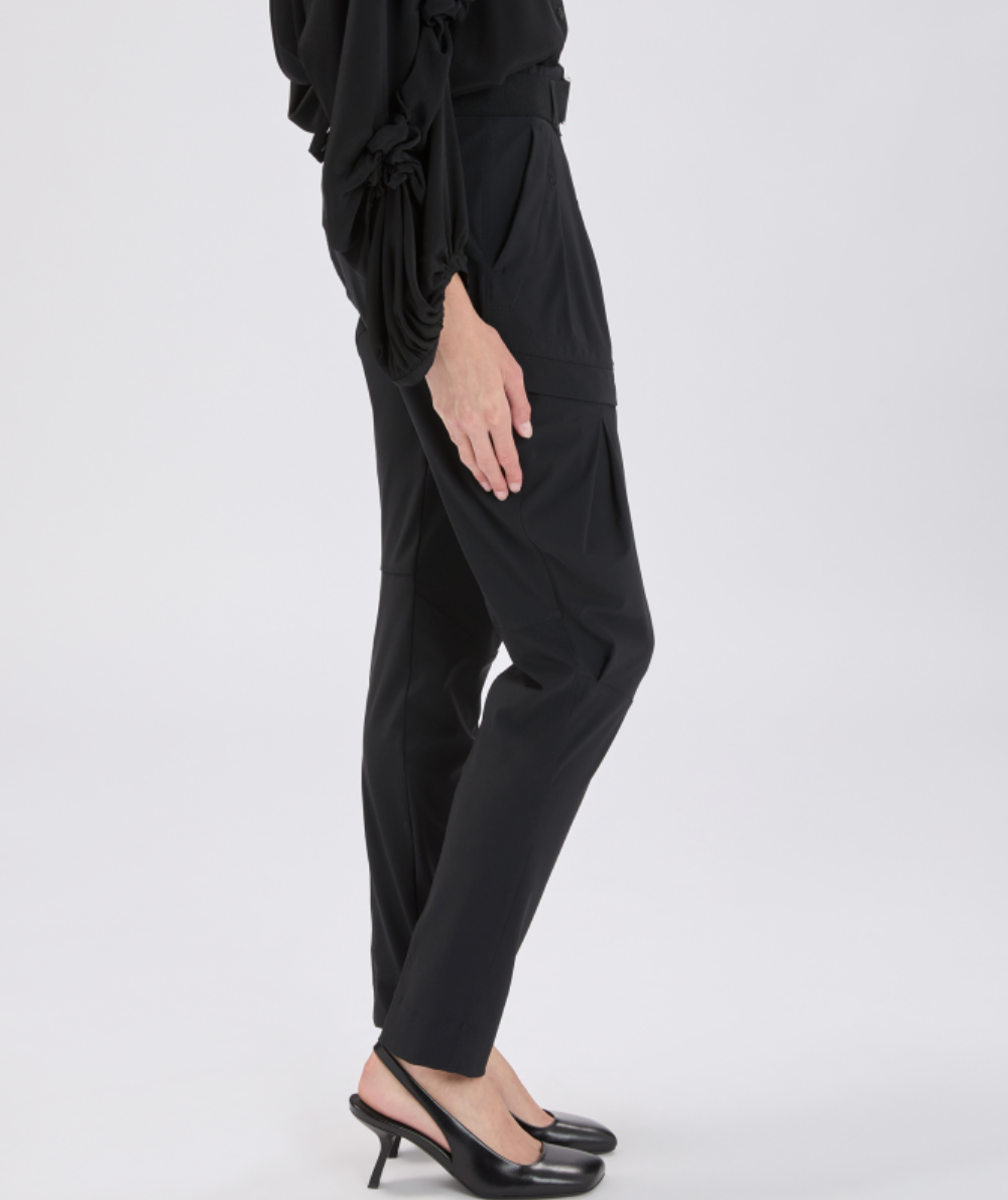Black outfit with a draped top and pants on a white background