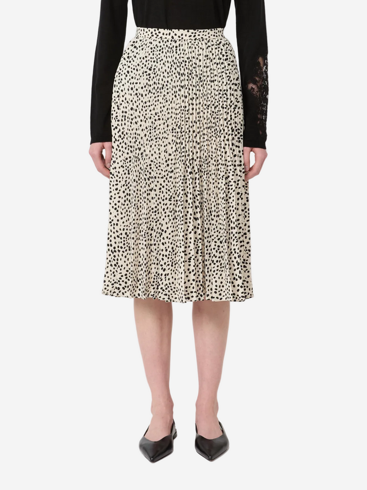 Person wearing a leopard print skirt on a white background